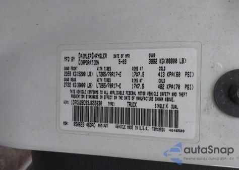 2003 Dodge Ram 2500 Slt/Laramie/St z USA, uszkodzony, nr VIN 1D7KU28D93J655830